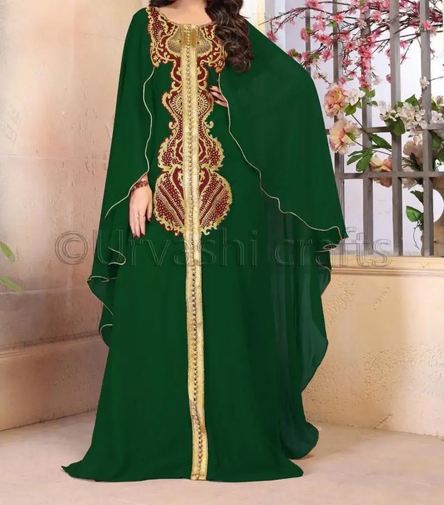 Muslim Women Long Sleeves Zari Embroidered Dubai Abaya Dress Jalabiya Islamic Women Clothing Robe Kaftan Moroccan