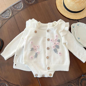 Automne bébé 3-6 <span class=keywords><strong>mois</strong></span> 2 pièces tricoté vêtements décontractés ensembles unique Floral <span class=keywords><strong>manteau</strong></span> et short coton barboteuses avec <span class=keywords><strong>manteau</strong></span> Cardigan - Product Image 2