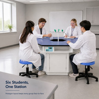Muebles de laboratorio de acero SEFA8M al por mayor, mesa de laboratorio hexagonal escolar con grifo de agua de 6 vías, fregadero y panel de alimentación