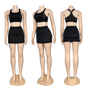 Yoga Set <b>Crop</b> <b>Top</b> <b>Skirt</b> Two Piece Solid Color Spandex Polyester Sleeveless Scoop Neck High Waist With Safety Pant - Product Image 2