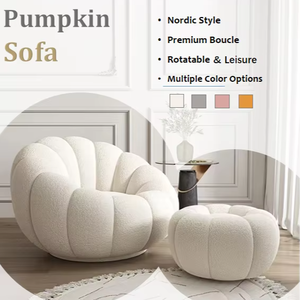 Poltrona de Lazer HLM48 Nordic White em Tecido Boucle Premium, Sofá Redondo Giratório Estilo Abóbora para Sala de Estar e Quarto, Conjuntos de Sofás - Product Image 1