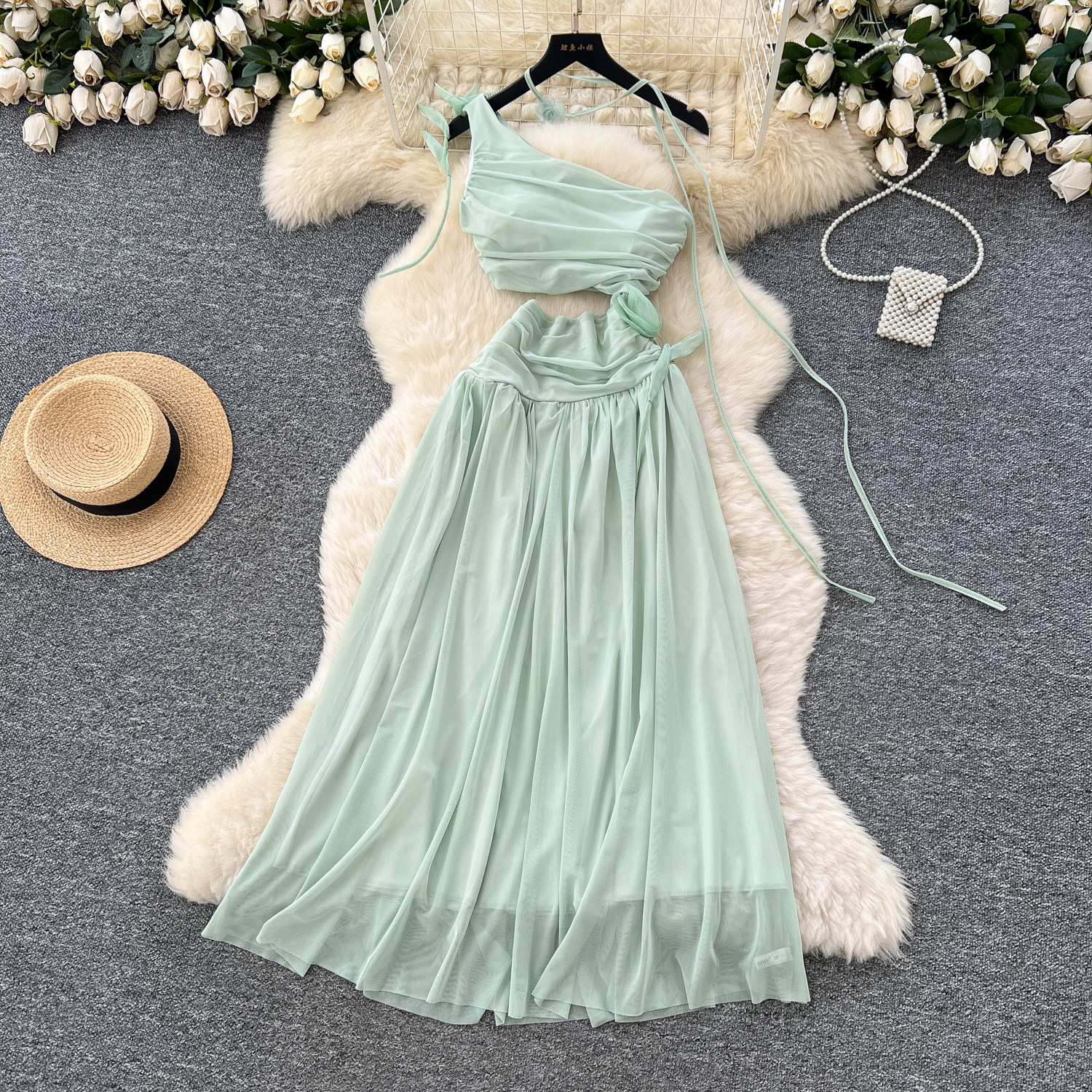 Summer Roman One Shoulder Tunic Casual Midi Dress for Women Sleeveless  Empire Hollow Out Mesh Dress| Alibaba.com