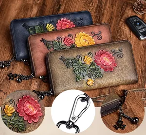 Cartera de Venta caliente, nueva cartera, cuero curtido vegetal para mujer, bolso con cremallera para mujer, cartera vintage