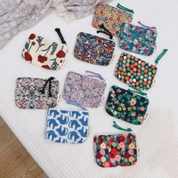 Mini sac en coton rétro à fleurs pour ranger les rouges à lèvres, les écouteurs, sac à fermeture éclair