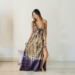 Women's Tie Dye V-neck Maxi Dress | Boho Deep V <b>Beach</b> Dress | Custom Summer Resort Wear 100% Cotton Eco-Friendly - Product Image 1