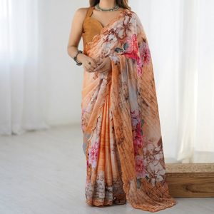 Hermoso sari Kutchi de chinnon pesado con estampado de espejos para mujer, disponible al mejor precio, para bodas y uso casual. - Product Image 1