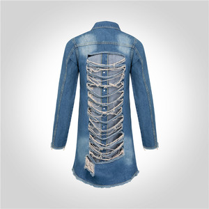 Giacca di Jeans Blu Strappata da Donna, Cappotto Lungo in <span class=keywords><strong>Denim</strong></span> per Primavera e Autunno - Product Image 3