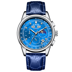Montre à quartz étanche pour homme, populaire, avec double calendrier, diamants, phases de lune et bracelet en cuir - Product Image 4
