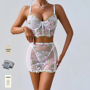 Hot Sexy See Through Lingerie Set Push up <b>Perspective</b> Mesh Lace-Bra and Panties Set Lace Embroidered Lingerie Set - Product Image 1