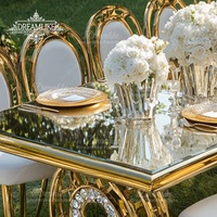 Table de banquet avec structure en acier inoxydable, décor en cristal, pour mariages, hôtels, événements, plateau en verre miroir, mobilier d'hôtel moderne pour l'extérieur