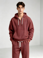 Nouvel Arrivage Ensemble de Survêtement Homme en Maille Gaufrée, Sweat à Capuche Demi-Zip avec Poche Kangourou et Pantalon de Survêtement à Taille Élastique, Tenue Décontractée pour Homme