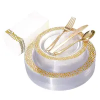 Ourwarm — vaisselle jetable en plastique, 150 pièces avec bordure dorée transparente, assiettes et verres pour mariage