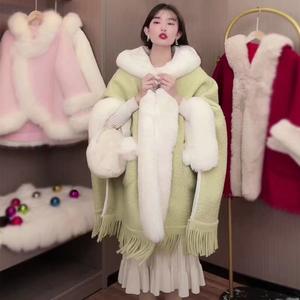 Veste <span class=keywords><strong>polaire</strong></span> <span class=keywords><strong>poncho</strong></span> à col en fausse fourrure de lapin avec pompons pour femmes à la mode - Product Image 6