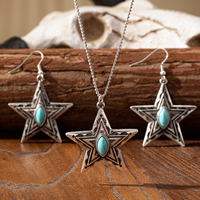 Ensemble de boucles d'oreilles collier turquoise bleu plaqué argent de style occidental vintage, zircon rond avec étoile cloutée pour les fêtes