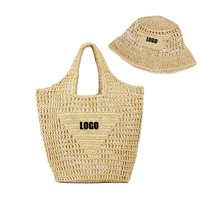 Bolsos de Paja Hechos a Mano, Modernos y Personalizados, con Sombrero, Juego de Bolsos de Playa de Paja Natural, Bolso Tote de Paja para Exteriores con Cierre Abierto y Protección Solar para Damas