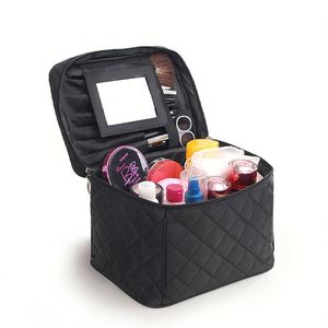 Black Nylon Quilted Cosmetic Bag <b>with</b> Built-in <b>Mirror</b>, Large Capacity Toiletry Organizer for Women - Product Image 2