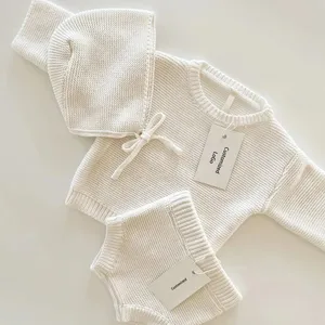 100% Algodão Orgânico Outfit Knitted Set Chunky Baby Sweater três peças Roupas Knit Baby Clothing Set
