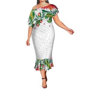 2023 Meilleure vente polynésien Tapa Design élégant robes en queue de poisson fleur blanche du Pacifique grande <span class=keywords><strong>taille</strong></span> <span class=keywords><strong>8XL</strong></span> Double châle robe de sirène - Product Image 4