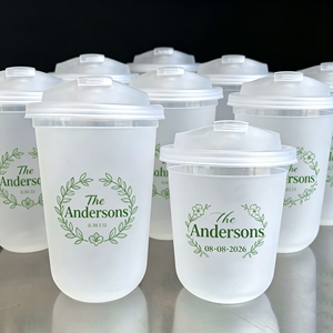 Vasos de Plástico Desechables Personalizados con Logotipo para Café Frío, Jugo, Té de Burbujas, con Diseño de Escudo de Boda, 12 oz, PET, Venta al por Mayor - Product Image 1