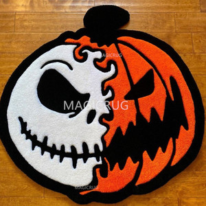 Tappeto Personalizzato per Halloween, Divertente e Spaventoso, Decorazione per <span class=keywords><strong>Camera</strong></span> <span class=keywords><strong>da</strong></span> <span class=keywords><strong>Letto</strong></span>, Fantasma Bianco e Zucca Carini, Morbido Acrilico a Pelo Lungo, Spesso e Irregolare - Product Image 1