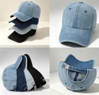 Production personnalisée de casquettes de baseball à six panneaux en denim délavé à visière souple pour la randonnée, la protection solaire et les activités sportives