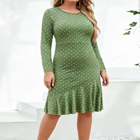 Robe décontractée en tricot pour femmes grandes tailles de haute qualité, coupe ajustée, design à volants, imprimé à pois, style doux, polyester, vert matcha
