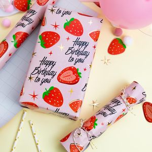 <b>Pink</b> Strawberry Birthday Wrapping Paper Roll 47.23 Square Feet Double Side Recyclable Gift <b>Wrap</b> for Birthday Craft - Product Image 2