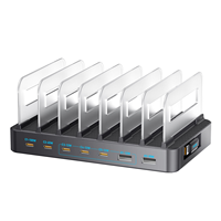 Station de charge GaN 288W 8-en-1 avec multiprise USB-C, câble rétractable et déflecteur pour charge rapide d'ordinateurs portables, tablettes et téléphones mobiles sur bureau