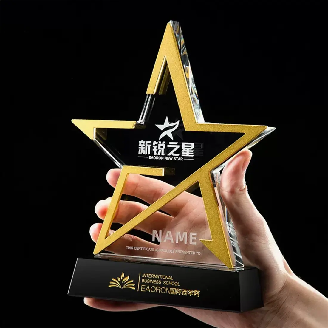 Wholesale Custom Carved Metal Star K9 Crystal Trophy Clear Glass Award for Art Theme Laser Printed Pentagram Competition Prize