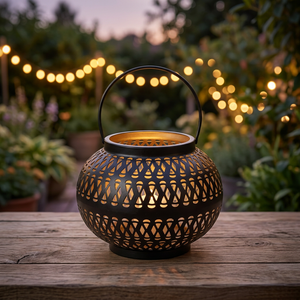 Lanterne marocaine ronde en métal découpé avec poignée, marron, pour bougie d'extérieur, décoration - Product Image 2