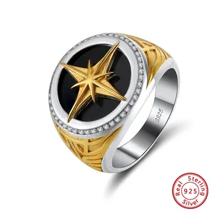 Belas jóias 925 anéis de prata homens 925 prata esterlina ágata preta 18K banhado a ouro estrela anel retro prata 925 anel homens