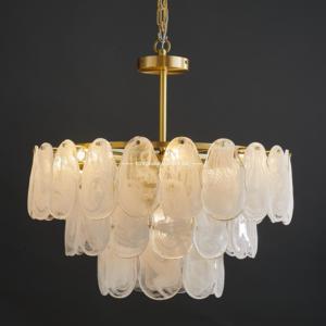 Lustre artisanal en verre texturé biologique, suspension de luxe à plusieurs niveaux effet marbré, lampe suspendue en laiton doré pour grand salon - Product Image 1
