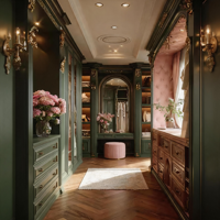 Armoire de luxe sur mesure en bois foncé, style vintage britannique, vert émeraude, avec rangement intégré aux fenêtres