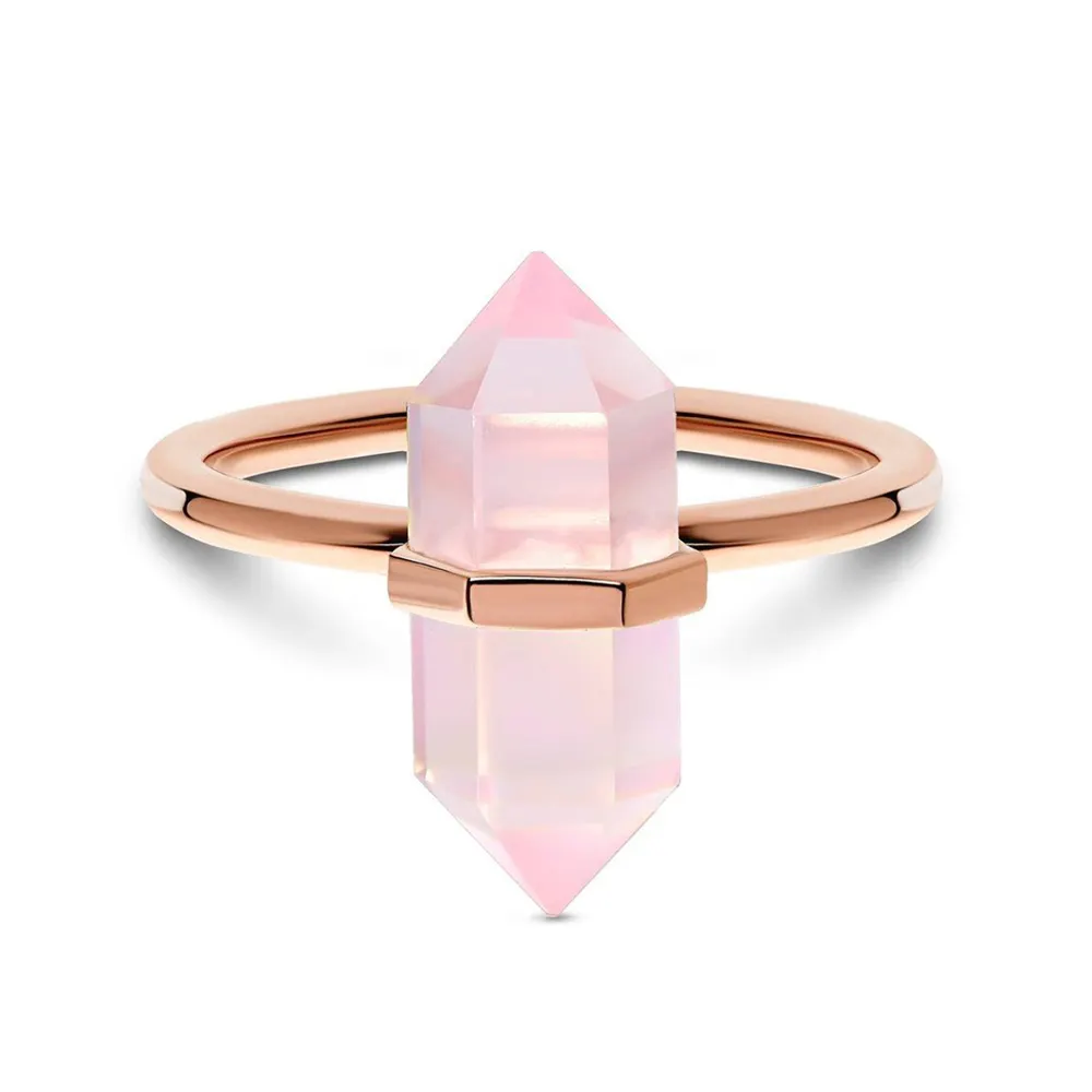 Juegos De Joyeria De Plata Oem Diamond Pillar 925 Gold Plated Hexagonal Rose Quartz Band Ring For Custom Natural Gemstones Set