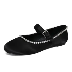 2024 New fashion ladies slippers shoes mary jane rhinestone round toe silk fabric flat shoes for women