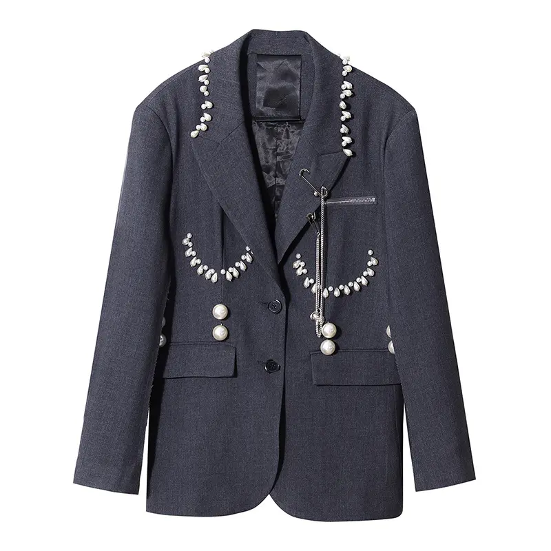 Personable Design Women High Street Suit with Pearl Chain Elegant Long Slimming Blazer Coat