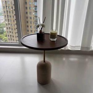 <b>Round</b> Wood Coffee <b>Table</b> With Marble Base Modern Minimalist Living Room Decorative <b>Side</b> <b>Table</b> - Product Image 2