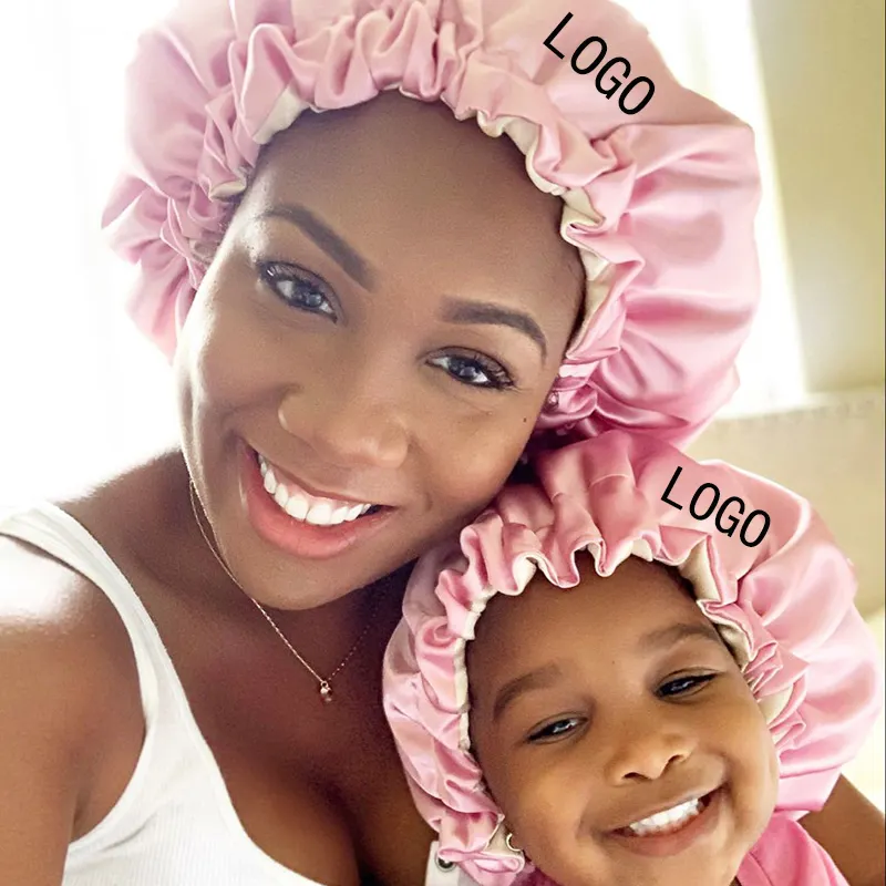 En gros Logo Personnalisé élastique Marque Cheveux Satin Sommeil Caps Vendeurs bébé bonnet Maman Et Moi Bonnet pour les femmes