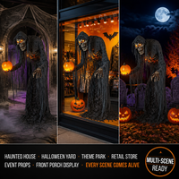 Squelette de la mort animatronique d'Halloween avec yeux lumineux, son et lumière de citrouille, pour maison hantée et vitrine de magasin, OEM, vente en gros