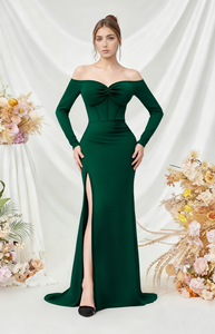 فستان وصيفة العروس للتنحيف على الكتف بأكمام طويلة مع فتحة عالية بلون واحد خصر طبيعي لحفلات الزفاف - Product Image 5