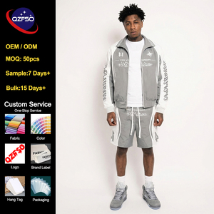 QZFSO Custom Streetwear Set Low MOQ OEM Stand Collar <b>Nylon</b> <b>Men</b> Windbreaker Jacket and Shorts 2 Piece Set <b>Tracksuit</b> - Product Image 1