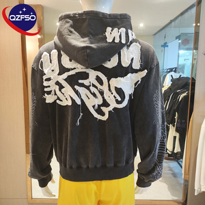 QZFSO, parche desgastado personalizado, apliques bordados, jersey con cremallera, bolsillo de canguro, Terry francés, Boxy Fit, Sudadera con capucha de lavado ácido para hombres - Product Image 2