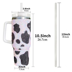 40Oz Stainless Steel Rhinestone Cow Print Tumbler With Handle and Straw Beer Mug Water Bottle for <b>Hot</b> Cold <b>Drinks</b> - Product Image 4