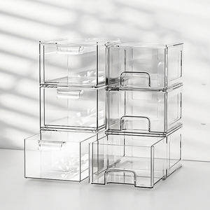 Tiroirs empilables transparents d'organisateur <span class=keywords><strong>de</strong></span> <span class=keywords><strong>maquillage</strong></span> <span class=keywords><strong>de</strong></span> boîte <span class=keywords><strong>de</strong></span> <span class=keywords><strong>rangement</strong></span> <span class=keywords><strong>de</strong></span> cosmétiques en plastique avec des poignées <span class=keywords><strong>de</strong></span> traction pour la vanité - Product Image 1