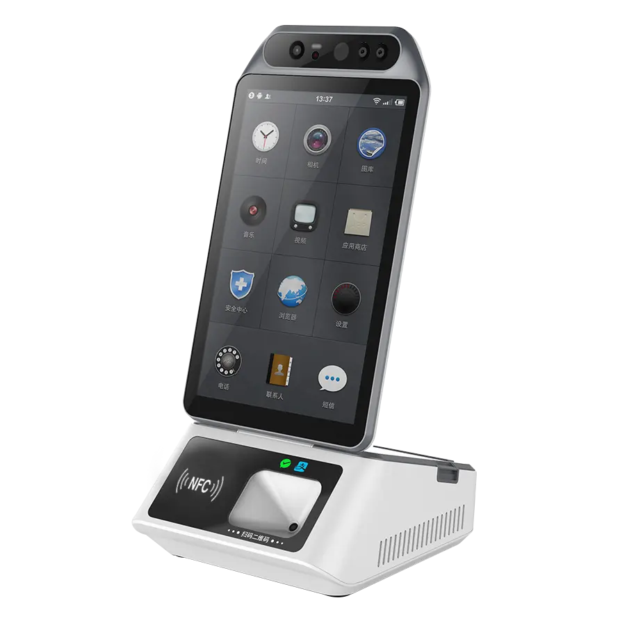 ตู้เดสก์ท็อป Android Pos Terminal พร้อมเครื่องพิมพ์58มม. เครื่องอ่านบาร์โค้ด NFC