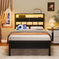 Cadre de lit moderne double/grand lit à hauteur réglable avec station de charge LED, plateforme en panneaux de bois, cadre de lit en fer pour chambre à coucher