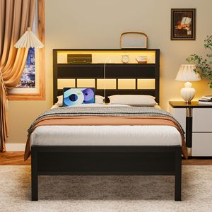 Modern <strong>Double</strong>/Twin Size Adjustable Height <strong>Bedframe</strong> with LED Charging Station Wood Panel Platform Iron Bed Frame for Bedroom - Product Image 2