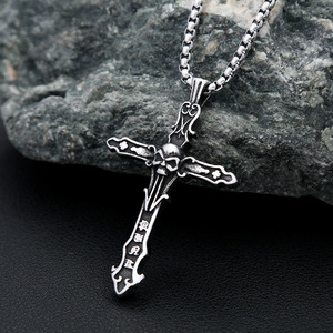 yunnique Stainless Steel <b>Cross</b> Pendant Skull Design Men's Necklace Fashion Retro Themed Charm Gift Jewelry 60cm <b>Chain</b> - Product Image 1