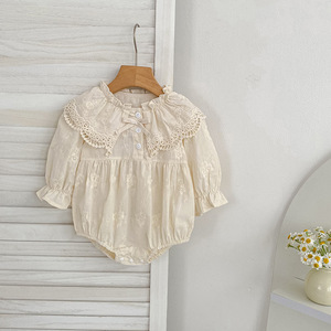 Combinaison décontractée pour filles en dentelle coréenne brodée, en spandex/coton, à manches longues, avec boutons-pression, silhouette évasée, vêtements pour enfants - Product Image 3