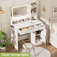 Miroir de maquillage LED cannelé avec éclairage intégré, meuble de maquillage en bois avec multiprises, coiffeuse moderne avec rangement pour salle de bain